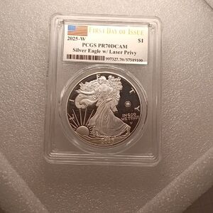 2025-W Silver Eagle PCGS PR70 DCAM First Day of Issue. 250th Ann. Laser Privy